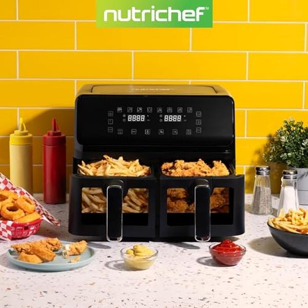 Nutrichef Double Basket Air Fryer 8.8 QT | Family Size Oil Free Airfryer with Transparent Window | 9-1 Preset Cooking Options | 360° Hot Air Circulation Technology | 4.4 QTs per Ba