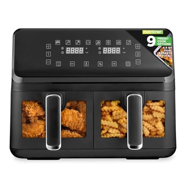 Nutrichef Double Basket Air Fryer 8.8 QT | Family Size Oil Free Airfryer with Transparent Window | 9-1 Preset Cooking Options | 360° Hot Air Circulation Technology | 4.4 QTs per Ba