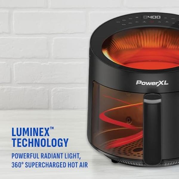 PowerXL LUMINEX 5.3 QT Radiant Light Air Fryer, Heats to 400°F in 2.4 Seconds, Auto Shut-off, 10 Quick-Touch Presets, Skylight Window