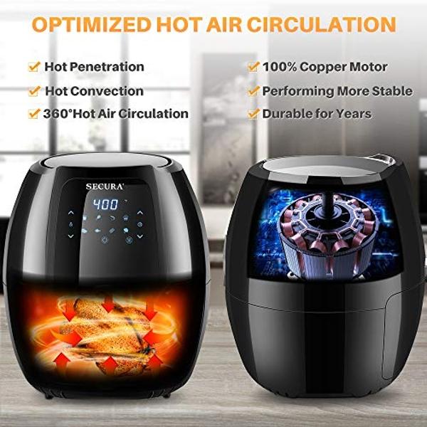 Secura Max 6.3Qt Air Fryer, 1700W Digital Hot Air Fryer | 10-in-1 Oven Oilless Electric Cooker w/Preheat & Shake Remind, 8 Cooking Presets, Nonstick Basket, ETL Listed