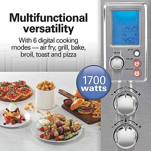 Hamilton Beach 6-in-1 Sure Crisp Air Fryer Toaster Oven Combo & Electric Indoor Grill, 450 F Searing Temp, Bake, Broil, Toast and Pizza Function, .88 cu. ft., 6 Slice Capacity, Sta