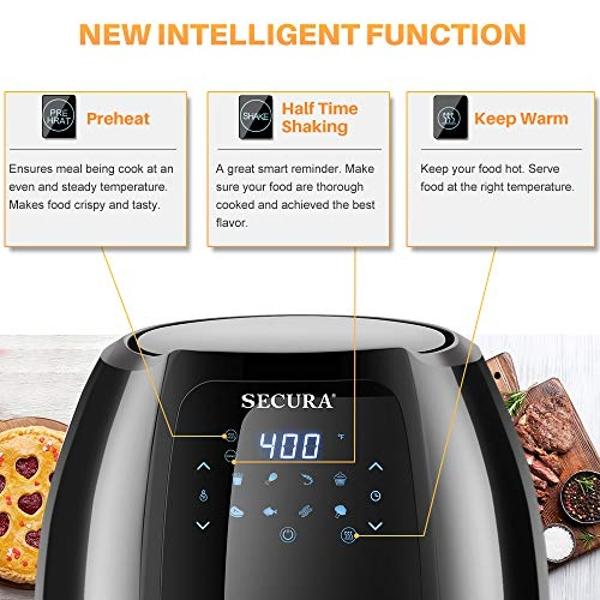 Secura Max 6.3Qt Air Fryer, 1700W Digital Hot Air Fryer | 10-in-1 Oven Oilless Electric Cooker w/Preheat & Shake Remind, 8 Cooking Presets, Nonstick Basket, ETL Listed