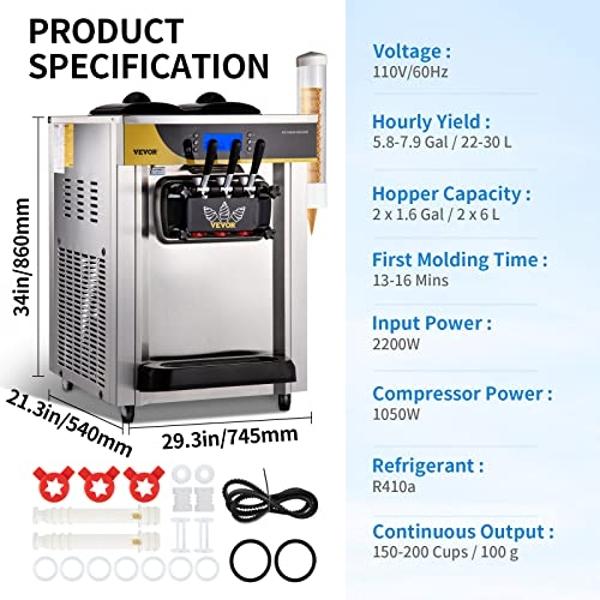 VEVOR Commercial Ice Cream Maker, 22-30L/H Yield, 2200W Countertop Soft Serve Machine with 2x6L Hopper 2L Cylinder LCD Panel Puffing Shortage Alarm, Frozen Yogurt Maker for Restaur