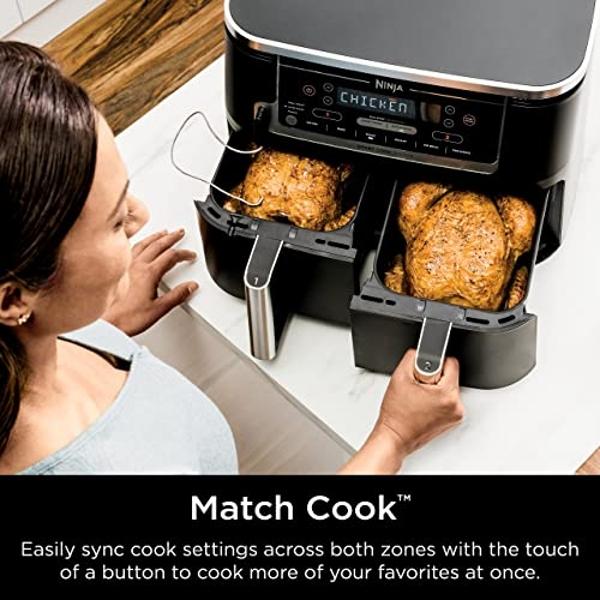 Ninja DZ550 Foodi 10 Quart 6-in-1 DualZone Smart XL Air Fryer with 2 Independent Baskets, Smart Cook Thermometer for Perfect Doneness, Match Cook & Smart Finish to Roast, Dehydrate