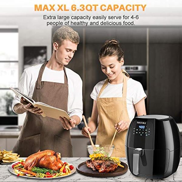 Secura Max 6.3Qt Air Fryer, 1700W Digital Hot Air Fryer | 10-in-1 Oven Oilless Electric Cooker w/Preheat & Shake Remind, 8 Cooking Presets, Nonstick Basket, ETL Listed