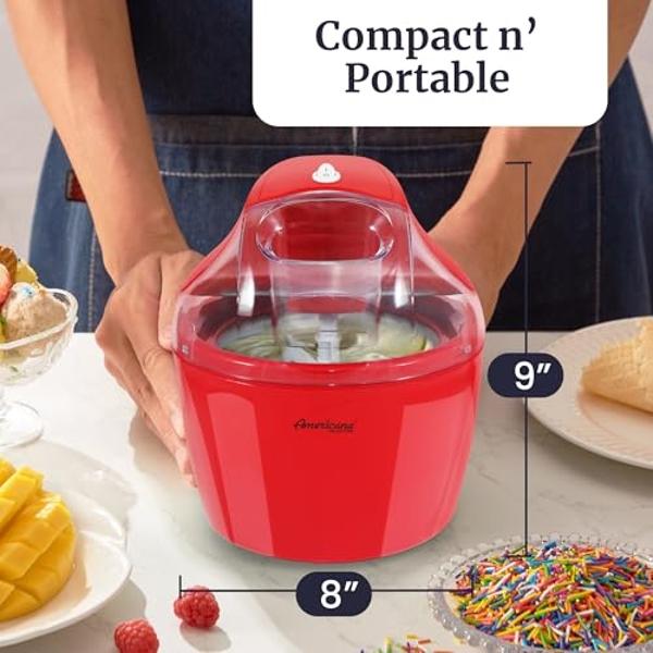 Americana EIM-1400R 1.5 Qt Freezer Bowl Automatic Easy Homemade Electric Ice Cream Maker, Ingredient Chute, On/Off Switch, No Salt Needed, Creamy Ice Cream, Gelato, Frozen Yogurt, 