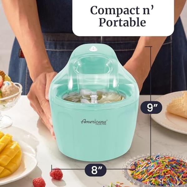 Americana EIM-1400M 1.5 Qt Freezer Bowl Automatic Easy Homemade Electric Ice Cream Maker, Ingredient Chute, On/Off Switch, No Salt Needed, Creamy Ice Cream, Gelato, Frozen Yogurt, 