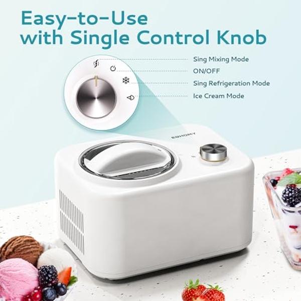 EUHOMY 1 Quart Auto Ice Cream Maker with Compressor, No Pre-freezing, 3 Modes Gelato Maker, Keep Cool Function, Easy-to-Clean, Frozen Yogurt Machine for Ice Cream/Frozen Yogurt/Gel