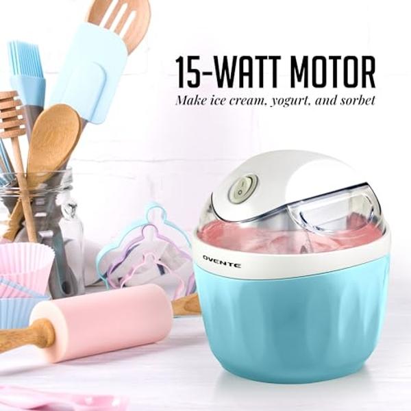 OVENTE Electric Ice Cream Maker with Easy-Lock Lid, 1QT Freezer Bowl for Healthy & Homemade Frozen Yogurt, Sorbet and Gelato, Mini Kitchen Appliance Ideal for Summer Desserts for K