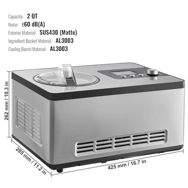 EUHOMY 1 Quart Auto Ice Cream Maker with Compressor, No Pre-freezing, 3 Modes Gelato Maker, Keep Cool Function, Easy-to-Clean, Frozen Yogurt Machine for Ice Cream/Frozen Yogurt/Gel