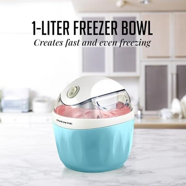 OVENTE Electric Ice Cream Maker with Easy-Lock Lid, 1QT Freezer Bowl for Healthy & Homemade Frozen Yogurt, Sorbet and Gelato, Mini Kitchen Appliance Ideal for Summer Desserts for K