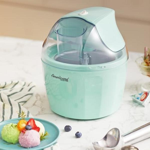 Americana EIM-1400M 1.5 Qt Freezer Bowl Automatic Easy Homemade Electric Ice Cream Maker, Ingredient Chute, On/Off Switch, No Salt Needed, Creamy Ice Cream, Gelato, Frozen Yogurt, 