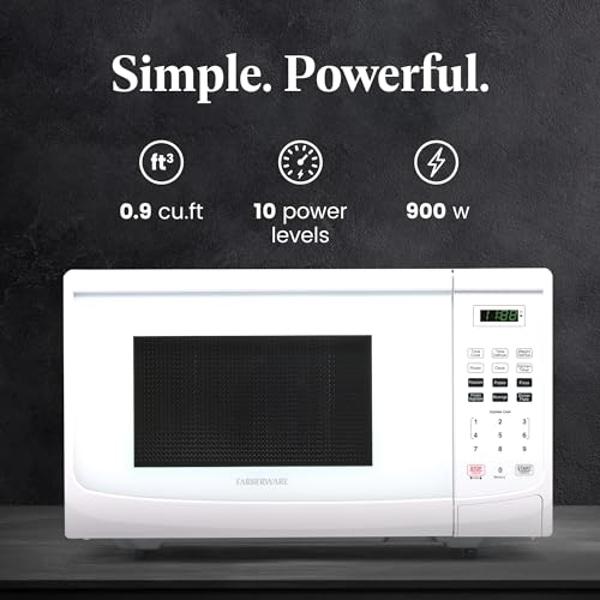 Farberware Countertop Microwave 900 Watts, 0.9 Cu. Ft. - Microwave Oven With LED Lighting and Child Lock - Perfect for Apartments and Dorms - Easy Clean Grey Interior, Retro White
