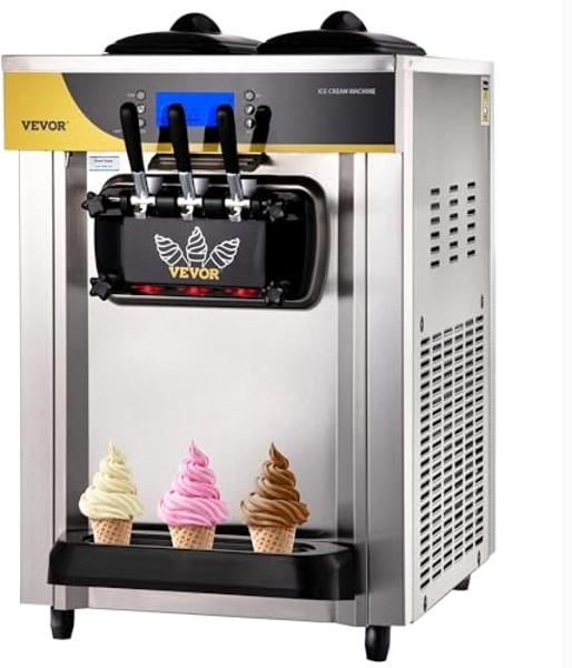 VEVOR Commercial Ice Cream Maker, 22-30L/H Yield, 2200W Countertop Soft Serve Machine with 2x6L Hopper 2L Cylinder LCD Panel Puffing Shortage Alarm, Frozen Yogurt Maker for Restaur