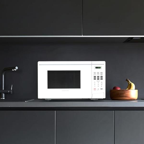 Farberware Countertop Microwave 900 Watts, 0.9 Cu. Ft. - Microwave Oven With LED Lighting and Child Lock - Perfect for Apartments and Dorms - Easy Clean Grey Interior, Retro White