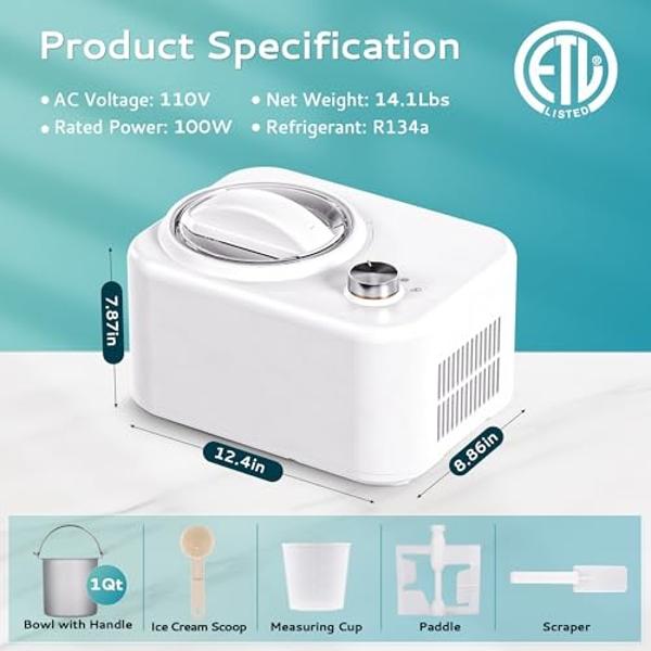 EUHOMY 1 Quart Auto Ice Cream Maker with Compressor, No Pre-freezing, 3 Modes Gelato Maker, Keep Cool Function, Easy-to-Clean, Frozen Yogurt Machine for Ice Cream/Frozen Yogurt/Gel