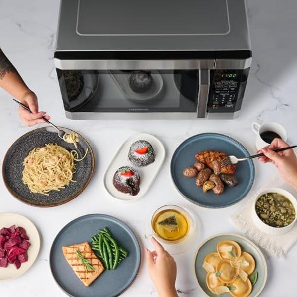GE GCST10A1WSS 4-in-1 Microwave Oven, 1,050 Watts Air Fryer, Broiler & Convection Mode, Child-Lock Technology, Kitchen Essentials for The Countertop or Dorm Room, 1.0 Cu. Ft, Stain