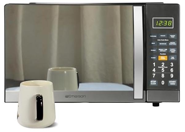 Emerson MWG1191SB Countertop Microwave Oven with 1100W Grill Function, Sleek Mirrored Finish 10 Power Levels, 6 Auto Menus, Glass Turntable and Child Safe Lock, 1.1 Cu. Ft, Stainle