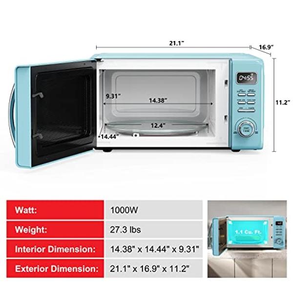 Galanz GLCMKZ11BER10 Retro Countertop Microwave Oven with Auto Cook & Reheat, Defrost, Quick Start Functions, Easy Clean with Glass Turntable, Pull Handle, 1.1 cu ft, Blue