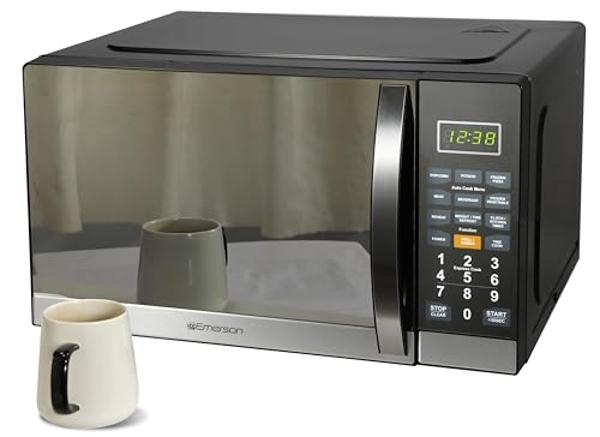 Emerson MWG1191SB Countertop Microwave Oven with 1100W Grill Function, Sleek Mirrored Finish 10 Power Levels, 6 Auto Menus, Glass Turntable and Child Safe Lock, 1.1 Cu. Ft, Stainle