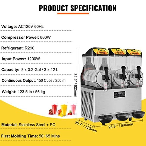 VEVOR Commercial Slushy Machine, 36L/9.6Gal Stainless Steel Margarita Smoothie Frozen Drink Maker, 150 Cup Triple Bowl Slushie Maker, 860W Slushie Machine for Home Party Restaurant
