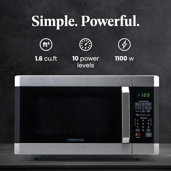 Farberware Countertop Microwave 1100 Watts, 1.6 cu ft - Smart Sensor Microwave Oven With LED Lighting and Child Lock - Perfect for Apartments and Dorms - Easy Clean - Stainless Ste