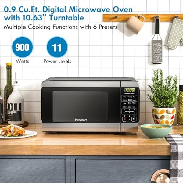 Kenmore KMCMWP09S2-09 Countertop Microwave 6 Auto-Preset Menus, Child Lock, Defrost & Express Cooking Features, 900 Watt, 0.9 Cu Ft, Stainless Steel