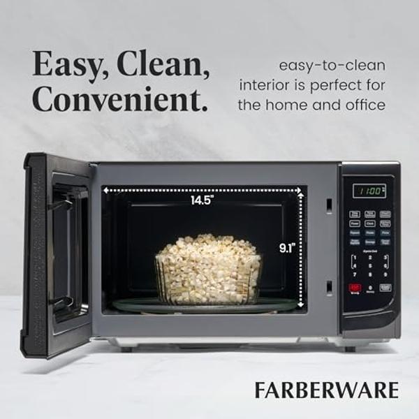Farberware FM11BKA Compact Countertop Microwave Oven 1.1 Cu. Ft. 1100-Watt with LED Lighting, Child Lock, Easy Clean Grey Interior, Black
