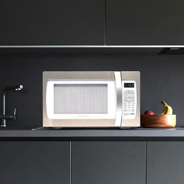Farberware Countertop Microwave 1100 Watts, 1.3 cu ft - Smart Sensor Microwave Oven With LED Lighting and Child Lock - Perfect for Apartments and Dorms - Easy Clean Retro White, Pl