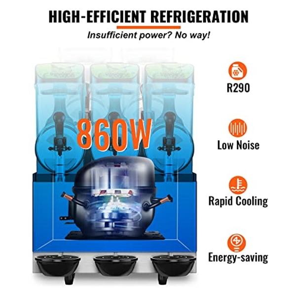 VEVOR Commercial Slushy Machine, 36L/9.6Gal Stainless Steel Margarita Smoothie Frozen Drink Maker, 150 Cup Triple Bowl Slushie Maker, 860W Slushie Machine for Home Party Restaurant