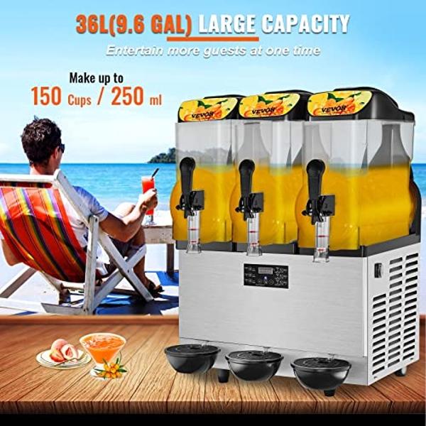 VEVOR Commercial Slushy Machine, 36L/9.6Gal Stainless Steel Margarita Smoothie Frozen Drink Maker, 150 Cup Triple Bowl Slushie Maker, 860W Slushie Machine for Home Party Restaurant