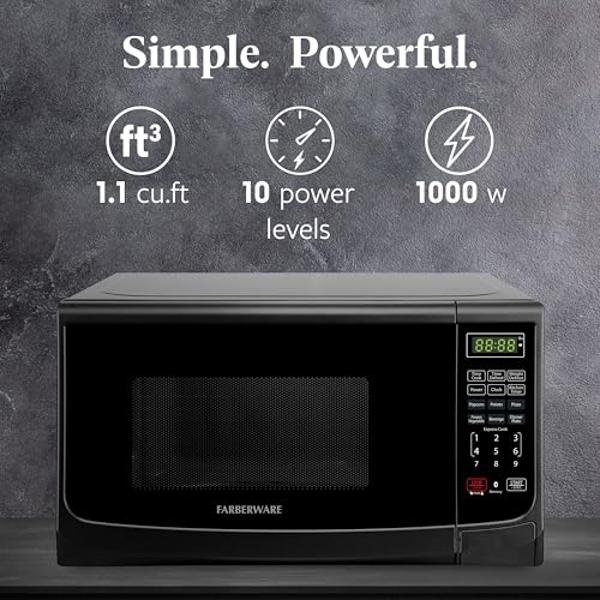 Farberware FM11BKA Compact Countertop Microwave Oven 1.1 Cu. Ft. 1100-Watt with LED Lighting, Child Lock, Easy Clean Grey Interior, Black