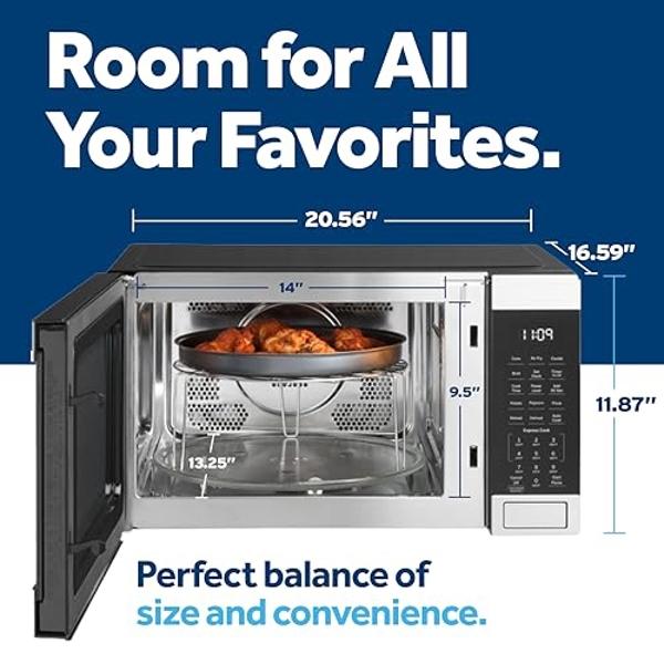 GE GCST10A1WSS 4-in-1 Microwave Oven, 1,050 Watts Air Fryer, Broiler & Convection Mode, Child-Lock Technology, Kitchen Essentials for The Countertop or Dorm Room, 1.0 Cu. Ft, Stain