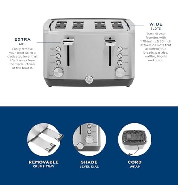 GE Stainless Steel 4 Slice Toaster | Extra Wide Slots for Bagels, Breads, Waffles & More | 7 Shade Options | Countertop Kitchen Essentials | 1500 watt