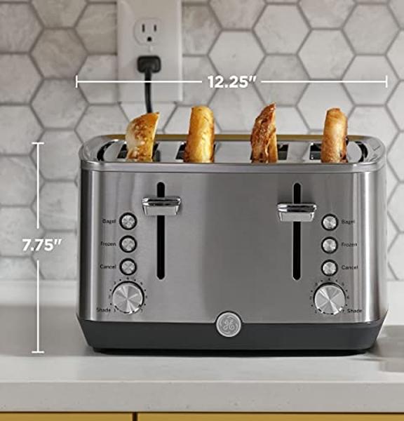 GE Stainless Steel 4 Slice Toaster | Extra Wide Slots for Bagels, Breads, Waffles & More | 7 Shade Options | Countertop Kitchen Essentials | 1500 watt
