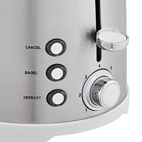 Amazon Basics 2 Slice Toaster, Stainless Steel, With 6 Browning Settings, Extra Wide Slots For Bagels and Special Breads, Removable Easy-to-Clean Crumb Tray, Cancel Button, 800W, B