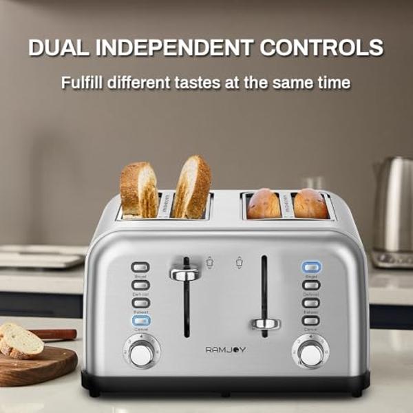 RAMJOY Toaster 4 Slice, Dual Independent Controls, Extra Wide Slot Toasters for Bagel, Bread, Waffles, 7 Shade Settings, 4 Main Functions, Removable Crumb Tray, 1500 Watts, Brushed