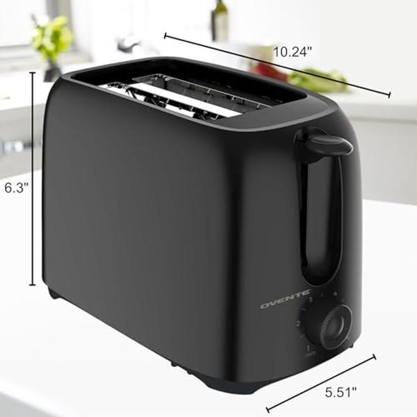 OVENTE Electric 2 Slice Toaster Machine with 6-Shade Browning Selector Setting, Compact Design and Removable Crumb Tray, 700W Power Perfect for Toasting Bread, Thin Bagels and Waff