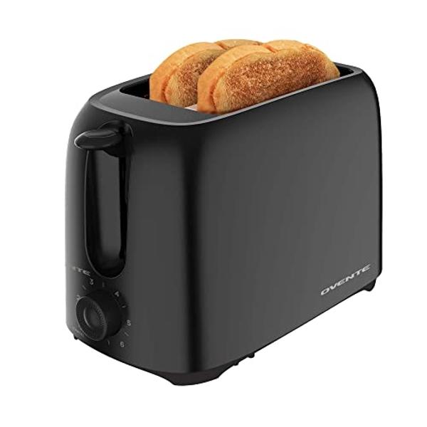 OVENTE Electric 2 Slice Toaster Machine with 6-Shade Browning Selector Setting, Compact Design and Removable Crumb Tray, 700W Power Perfect for Toasting Bread, Thin Bagels and Waff