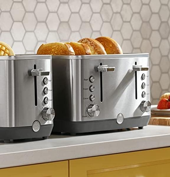 GE Stainless Steel 4 Slice Toaster | Extra Wide Slots for Bagels, Breads, Waffles & More | 7 Shade Options | Countertop Kitchen Essentials | 1500 watt