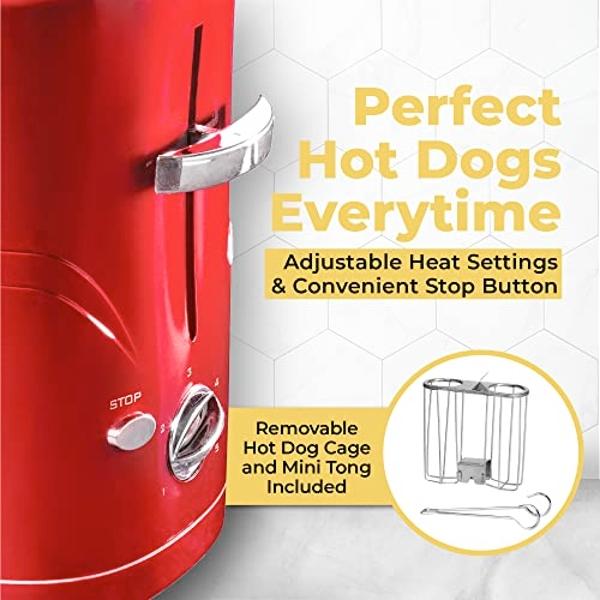 Nostalgia 2 Slot Hot Dog and Bun Toaster with Mini Tongs, Retro Toaster, Cooker that Works Chicken, Turkey, Veggie Links, Sausages Brats, Metallic Red