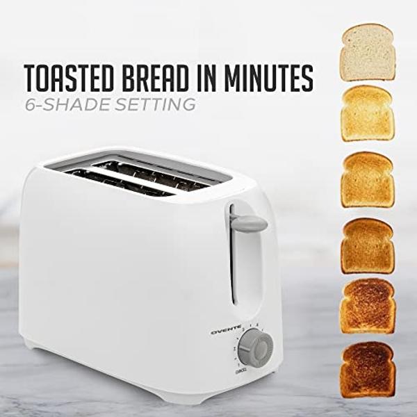 OVENTE Electric 2 Slice Toaster Machine with 6-Shade Browning Selector Setting, Compact Design and Removable Crumb Tray, 700W Power Perfect for Toasting Bread, Thin Bagels and Waff