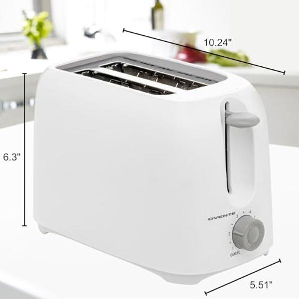 OVENTE Electric 2 Slice Toaster Machine with 6-Shade Browning Selector Setting, Compact Design and Removable Crumb Tray, 700W Power Perfect for Toasting Bread, Thin Bagels and Waff