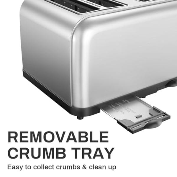 RAMJOY Toaster 4 Slice, Dual Independent Controls, Extra Wide Slot Toasters for Bagel, Bread, Waffles, 7 Shade Settings, 4 Main Functions, Removable Crumb Tray, 1500 Watts, Brushed