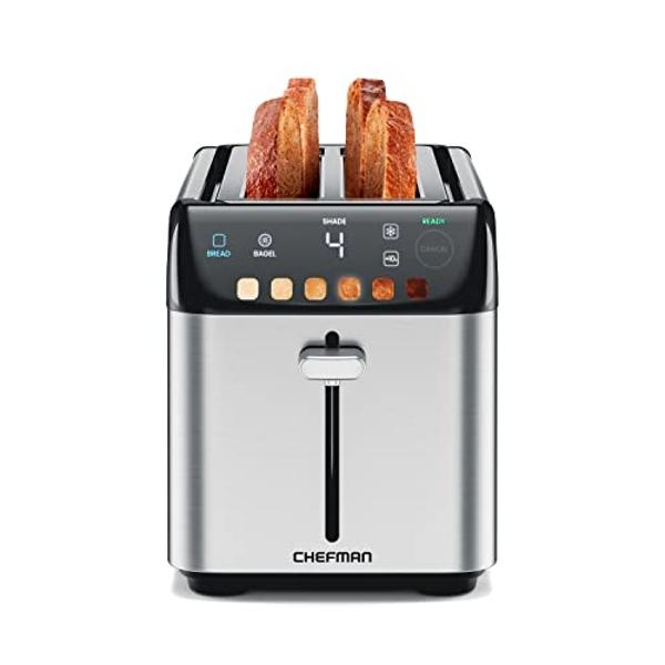 Chefman Smart Touch 4 Slice Digital Toaster, 6 Shade Settings, Stainless Steel Toaster 4 Slice with Extra-Wide Slots, Thick Bread Toaster and Bagel Toaster, 10, Defrost, Removable 