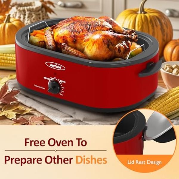 Sunvivi Electric Roaster,20 Quart Roasting Oven with Self-Basting Lid Removable Pan,Turkey Roaster Oven with 150 to 450F Temperature Control Cool-Touch Handles,Red