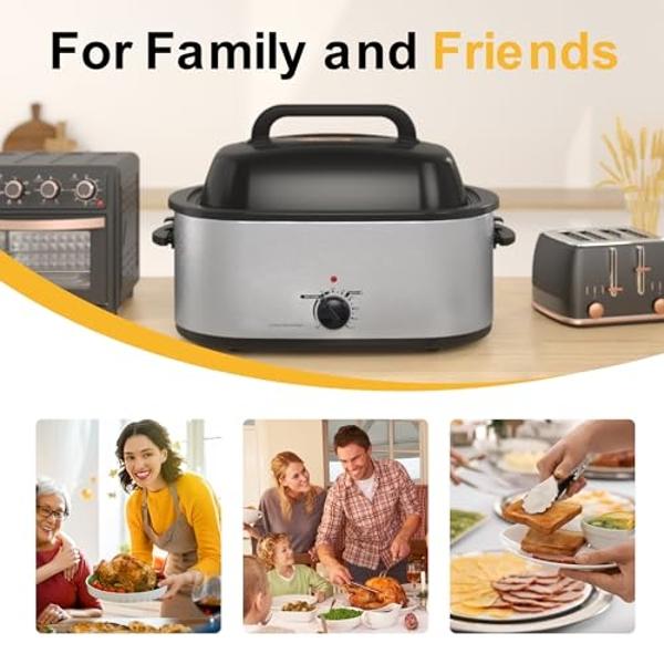 Electric Roaster Oven 26 Quart, Electric Turkey Roaster with Viewing & Self-basting Lid, Large Roaster Pan with Defrost & Warm Function, Stainless Steel Turkey Roaster Oven, Silver