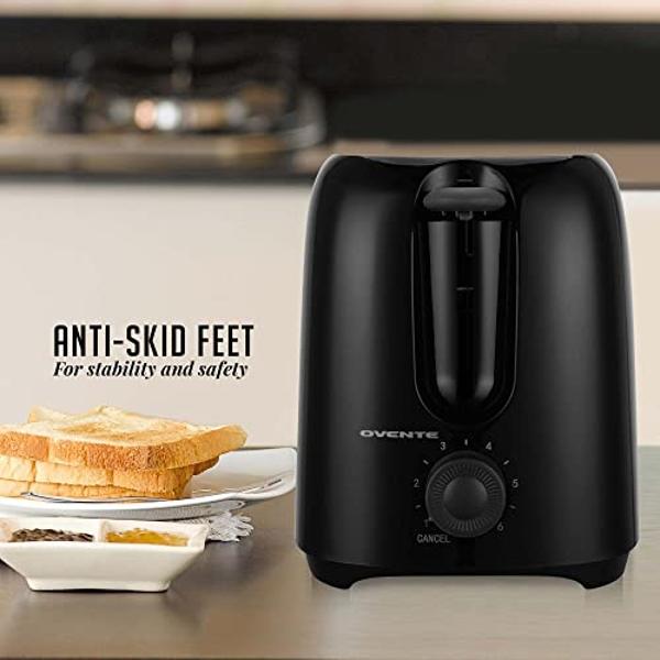OVENTE Electric 2 Slice Toaster Machine with 6-Shade Browning Selector Setting, Compact Design and Removable Crumb Tray, 700W Power Perfect for Toasting Bread, Thin Bagels and Waff
