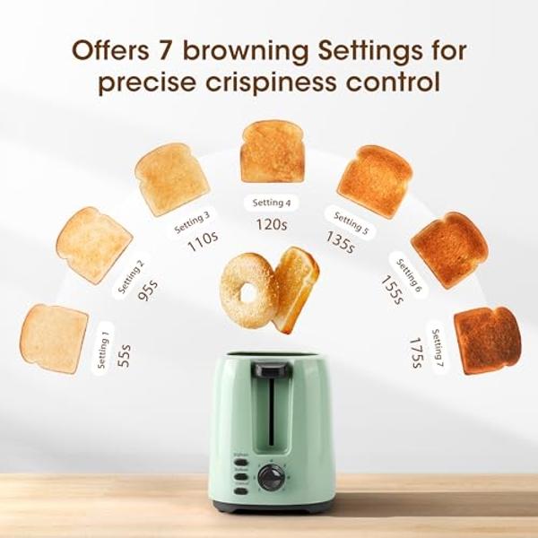 iSiLER 2 Slice Toaster, 1.3 Inches Wide Slot Bagel Toaster with 7 Shade Settings and Double Side Baking, Removable Crumb Tray, Defrost Cancel Function Green