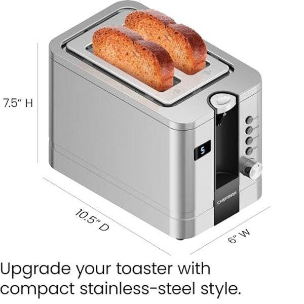 Amazon Basics 2 Slice Toaster, Stainless Steel, With 6 Browning Settings, Extra Wide Slots For Bagels and Special Breads, Removable Easy-to-Clean Crumb Tray, Cancel Button, 800W, B